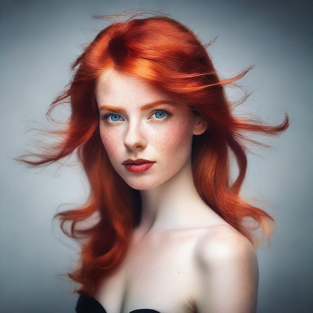 A vibrant and striking image of a red-headed person with captivating features, showcasing their fiery hair and confident demeanor