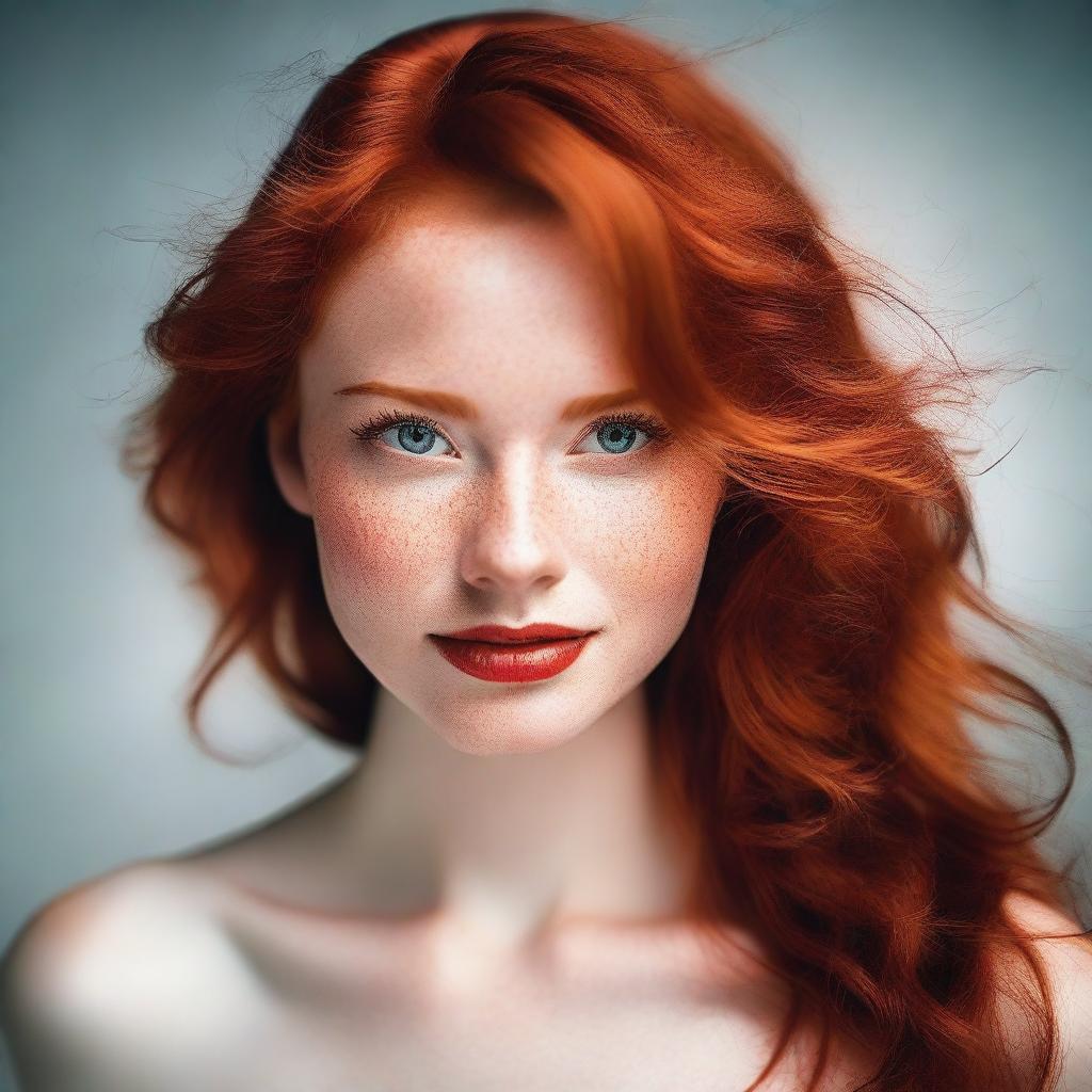 A captivating image of a confident red-headed girl with striking features, showcasing her fiery hair and vibrant personality