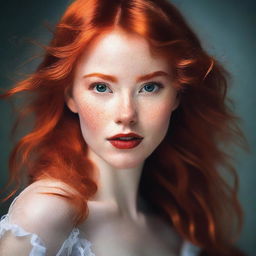 A captivating image of a confident red-headed girl with striking features, showcasing her fiery hair and vibrant personality