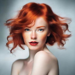 A captivating image of a confident red-headed girl with striking features, showcasing her fiery hair and vibrant personality