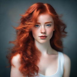 A captivating image of a confident red-headed girl with striking features, showcasing her fiery hair and vibrant personality