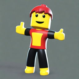 Una miniatura de un personaje de Roblox amarillo con camiseta roja y pantalones cortos negros saltando por obstáculos a más de 100 metros de altura