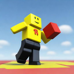 Una miniatura de un personaje de Roblox amarillo con camiseta roja y pantalones cortos negros saltando por obstáculos a más de 100 metros de altura