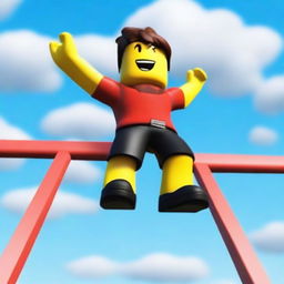 A thumbnail of a yellow Roblox character wearing a red shirt and black shorts jumping over obstacles at more than 100 meters high