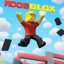 A thumbnail of a yellow Roblox character wearing a red shirt and black shorts jumping over obstacles at more than 100 meters high