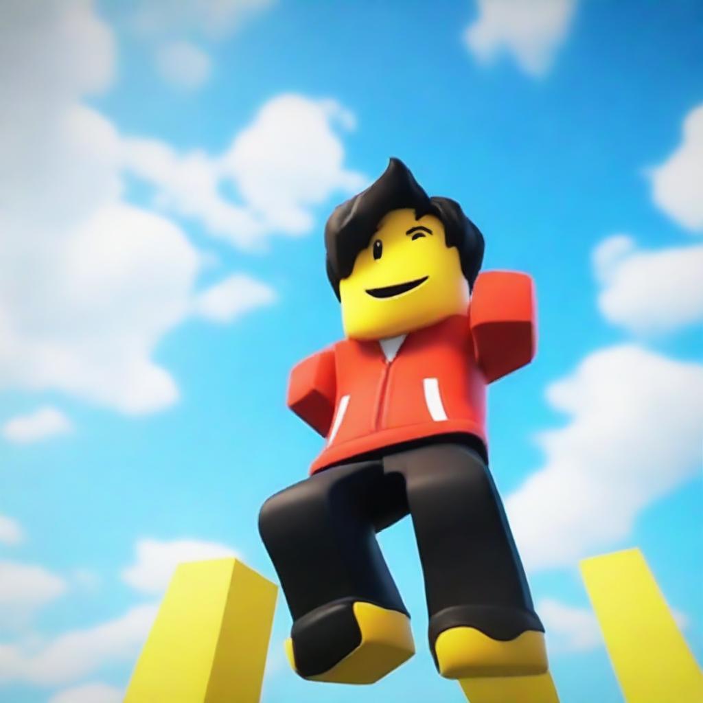 A thumbnail of a yellow Roblox character wearing a red shirt and black shorts jumping over obstacles at more than 100 meters high