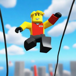 A thumbnail of a yellow Roblox character wearing a red shirt and black shorts jumping over obstacles at more than 100 meters high