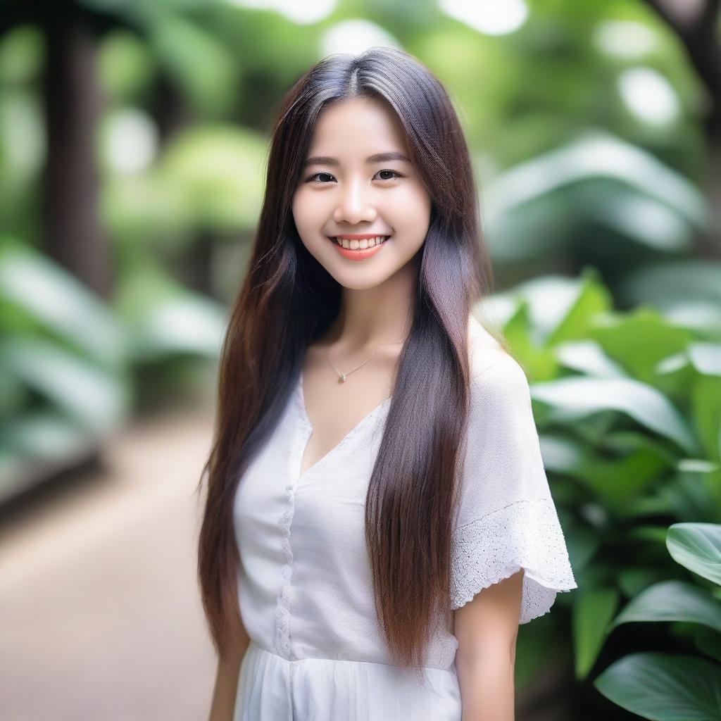 A stunning young Asian girl with long, flowing hair and a radiant smile