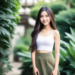 A stunning young Asian girl with long, flowing hair and a radiant smile