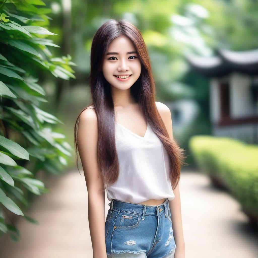 A stunning young Asian girl with long, flowing hair and a radiant smile