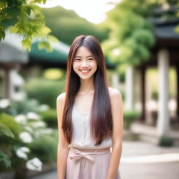 A stunning young Asian girl with long, flowing hair and a radiant smile