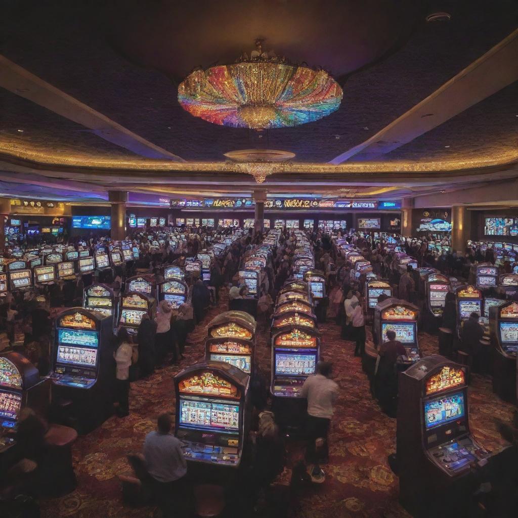 An energetic and vibrant casino scene, filled with a variety of colorful slot machines, illuminated poker tables, and people excitedly placing bets.