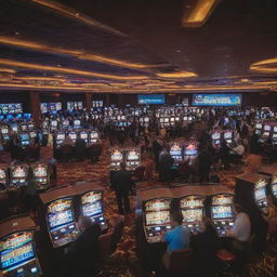 An energetic and vibrant casino scene, filled with a variety of colorful slot machines, illuminated poker tables, and people excitedly placing bets.