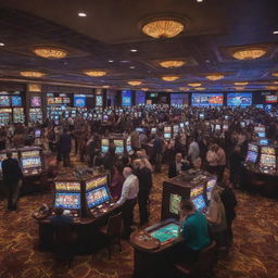 An energetic and vibrant casino scene, filled with a variety of colorful slot machines, illuminated poker tables, and people excitedly placing bets.