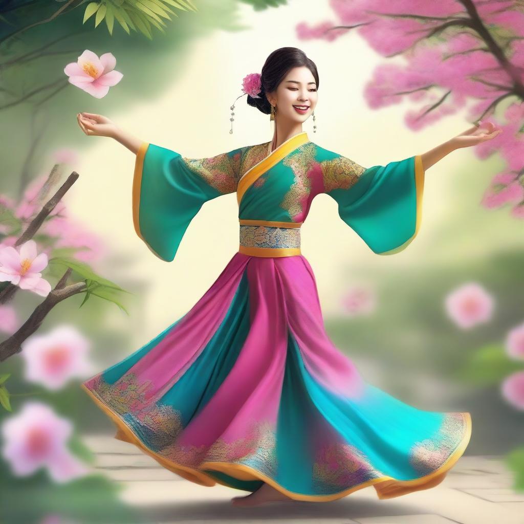 A joyful Asian girl dancing gracefully