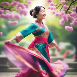 A joyful Asian girl dancing gracefully