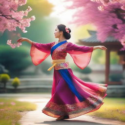 A joyful Asian girl dancing gracefully