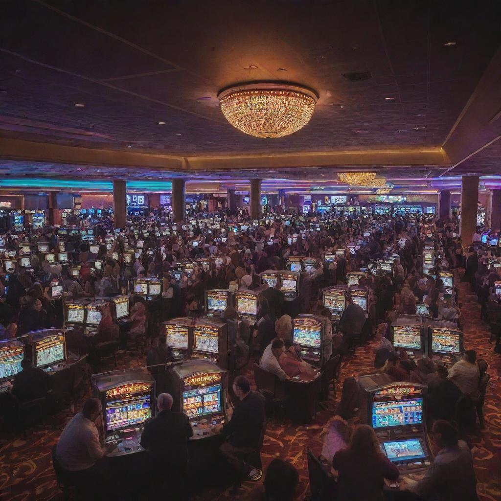 An energetic and vibrant casino scene, filled with a variety of colorful slot machines, illuminated poker tables, and people excitedly placing bets.