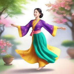 A joyful Asian girl dancing gracefully