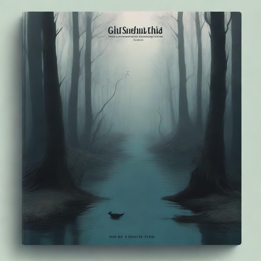 Create a book cover with no title or words, featuring a bird's eye perspective of a dark, eerie forest with a massive dark river flowing through it