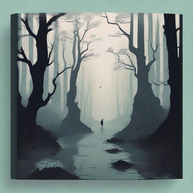 Create a book cover with no title or words, featuring a bird's eye perspective of a dark, eerie forest with a massive dark river flowing through it