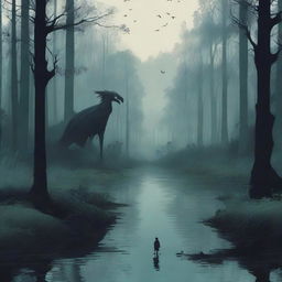 Create a book cover with no title or words, featuring a bird's eye perspective of a dark, eerie forest with a massive dark river flowing through it