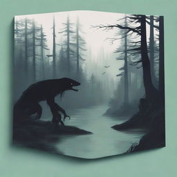 Create a book cover with no title or words, featuring a bird's eye perspective of a dark, eerie forest with a massive dark river flowing through it