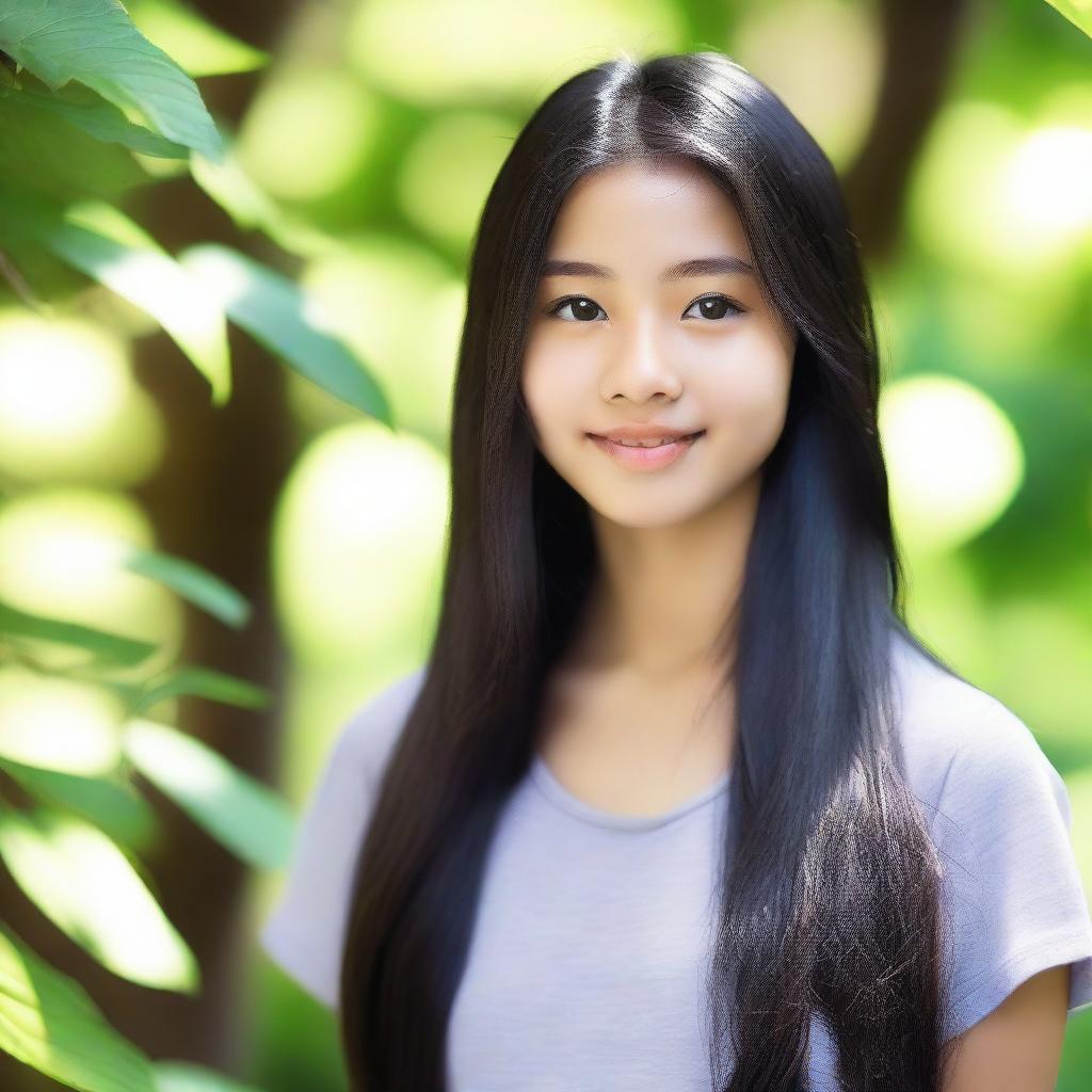 A beautiful Asian teenage girl with long, flowing black hair