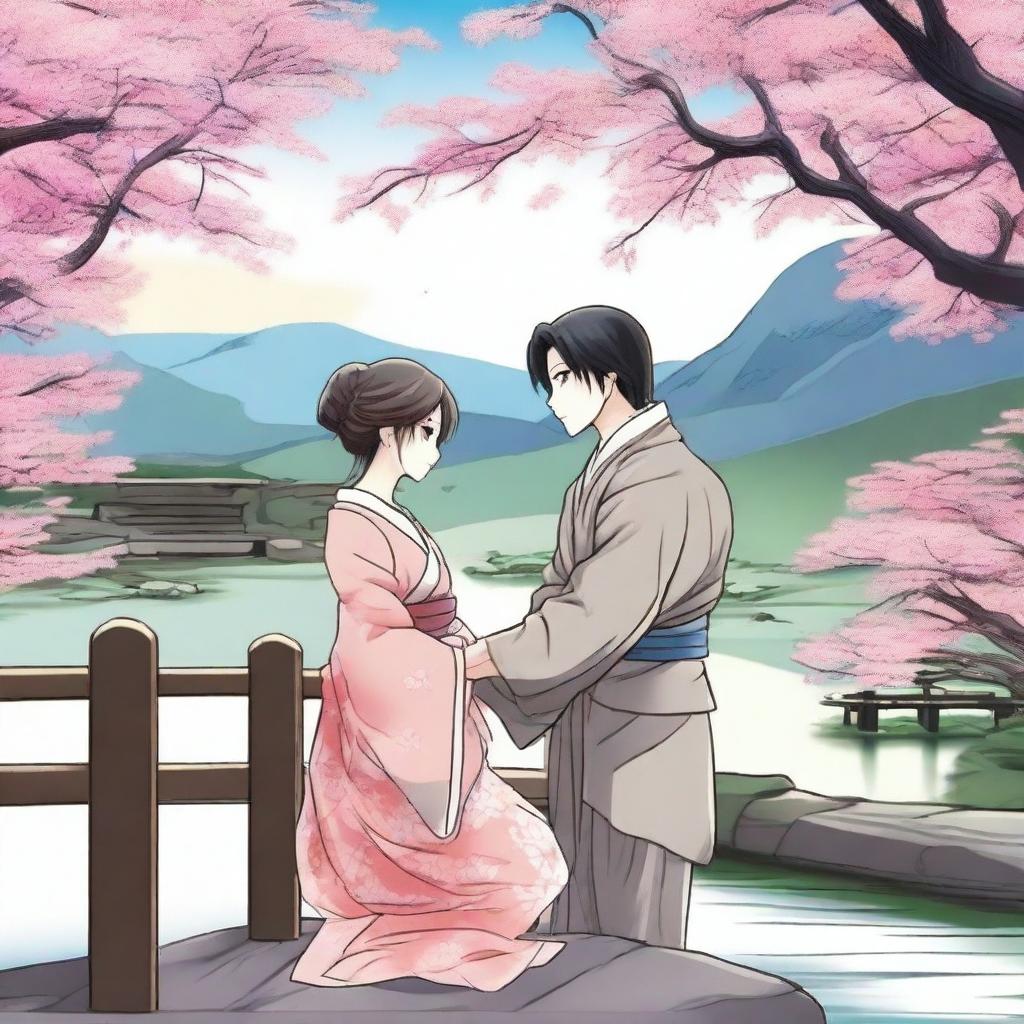 Create a manga-style romantic scene featuring two characters in a serene and picturesque setting