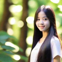 A beautiful Asian teenage girl with long, flowing black hair