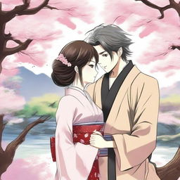 Create a manga-style romantic scene featuring two characters in a serene and picturesque setting