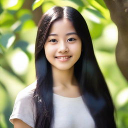 A beautiful Asian teenage girl with long, flowing black hair