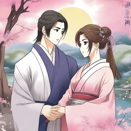 Create a manga-style romantic scene featuring two characters in a serene and picturesque setting