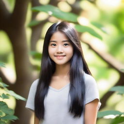 A beautiful Asian teenage girl with long, flowing black hair