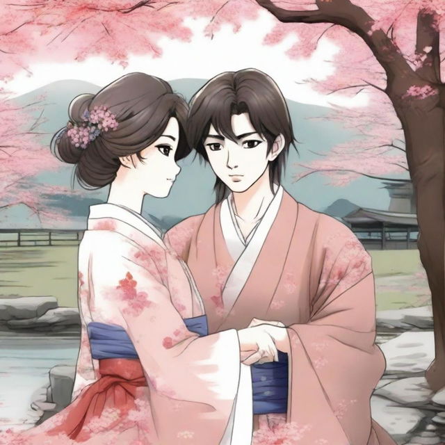 Create a manga-style romantic scene featuring two characters in a serene and picturesque setting