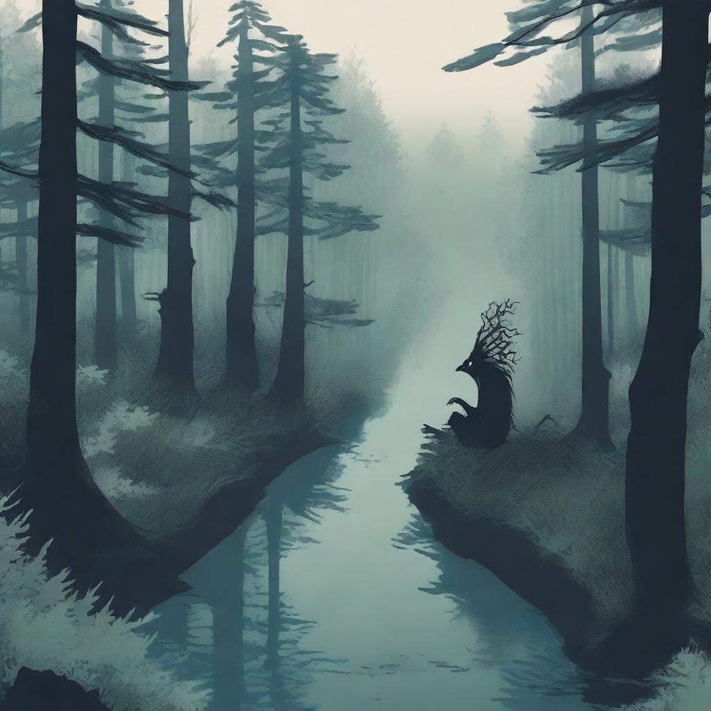 Create a book cover with no title or words, featuring a bird's eye perspective of a dark, eerie forest with a massive dark river flowing through it