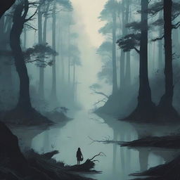 Create a book cover with no title or words, featuring a bird's eye perspective of a dark, eerie forest with a massive dark river flowing through it