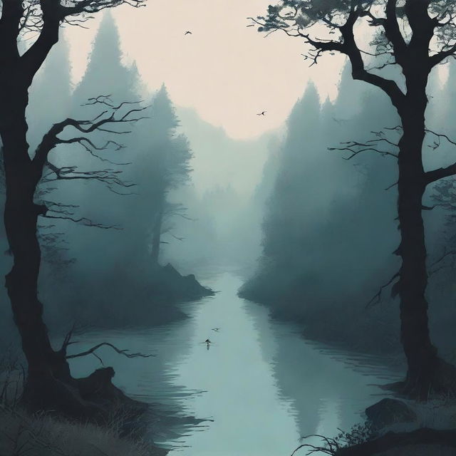 Create a book cover with no title or words, featuring a bird's eye perspective of a dark, eerie forest with a massive dark river flowing through it