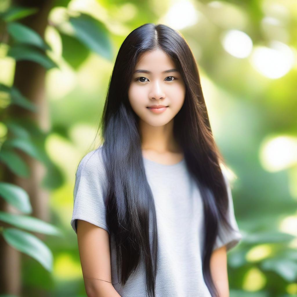 A beautiful Asian teenage girl with long, flowing black hair