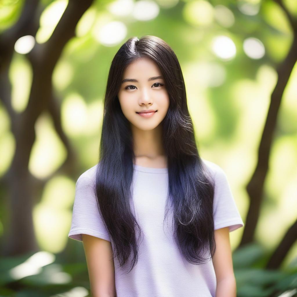 A beautiful Asian teenage girl with long, flowing black hair