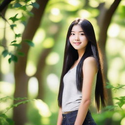 A beautiful Asian teenage girl with long, flowing black hair