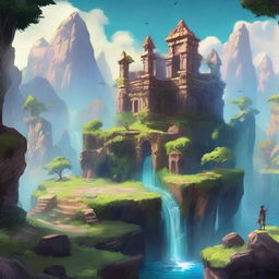 A detailed fantasy world for an RPG game, featuring diverse landscapes, mythical creatures, ancient ruins, and magical elements