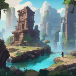 A detailed fantasy world for an RPG game, featuring diverse landscapes, mythical creatures, ancient ruins, and magical elements