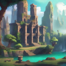 A detailed fantasy world for an RPG game, featuring diverse landscapes, mythical creatures, ancient ruins, and magical elements