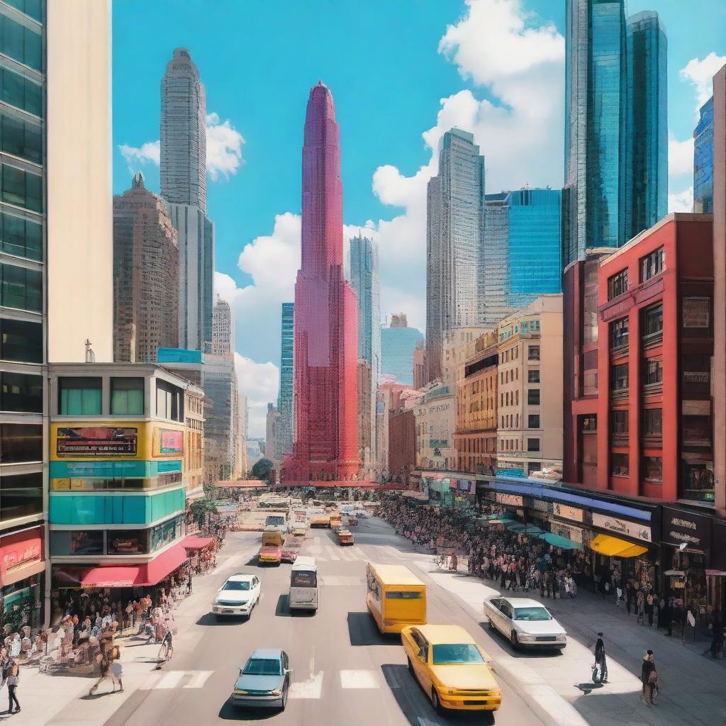 A vibrant cityscape featuring modern skyscrapers, bustling streets filled with people, cars, and colorful storefronts