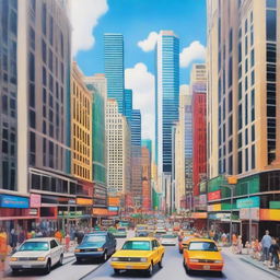 A vibrant cityscape featuring modern skyscrapers, bustling streets filled with people, cars, and colorful storefronts