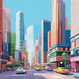 A vibrant cityscape featuring modern skyscrapers, bustling streets filled with people, cars, and colorful storefronts