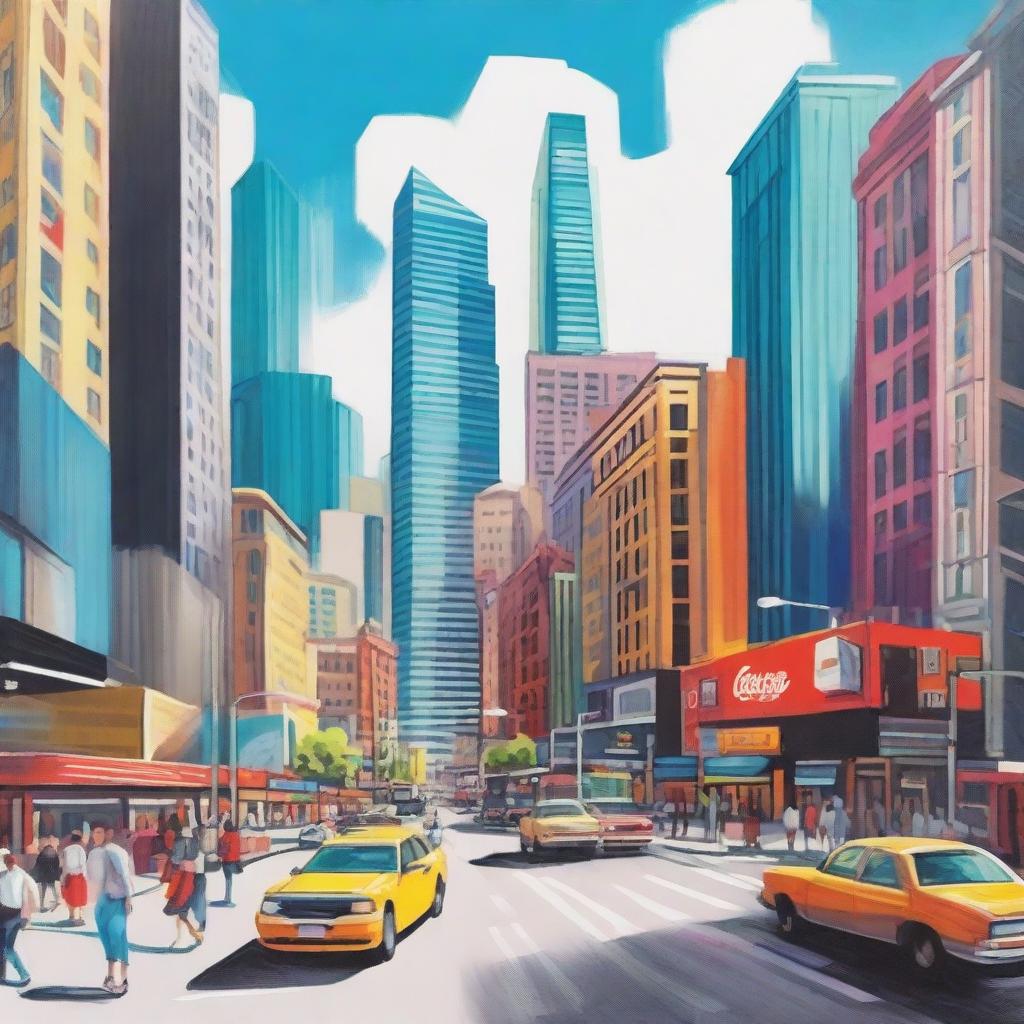 A vibrant cityscape featuring modern skyscrapers, bustling streets filled with people, cars, and colorful storefronts