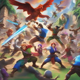 A vibrant and dynamic scene featuring characters from various popular video games, engaging in an epic battle in a fantasy world