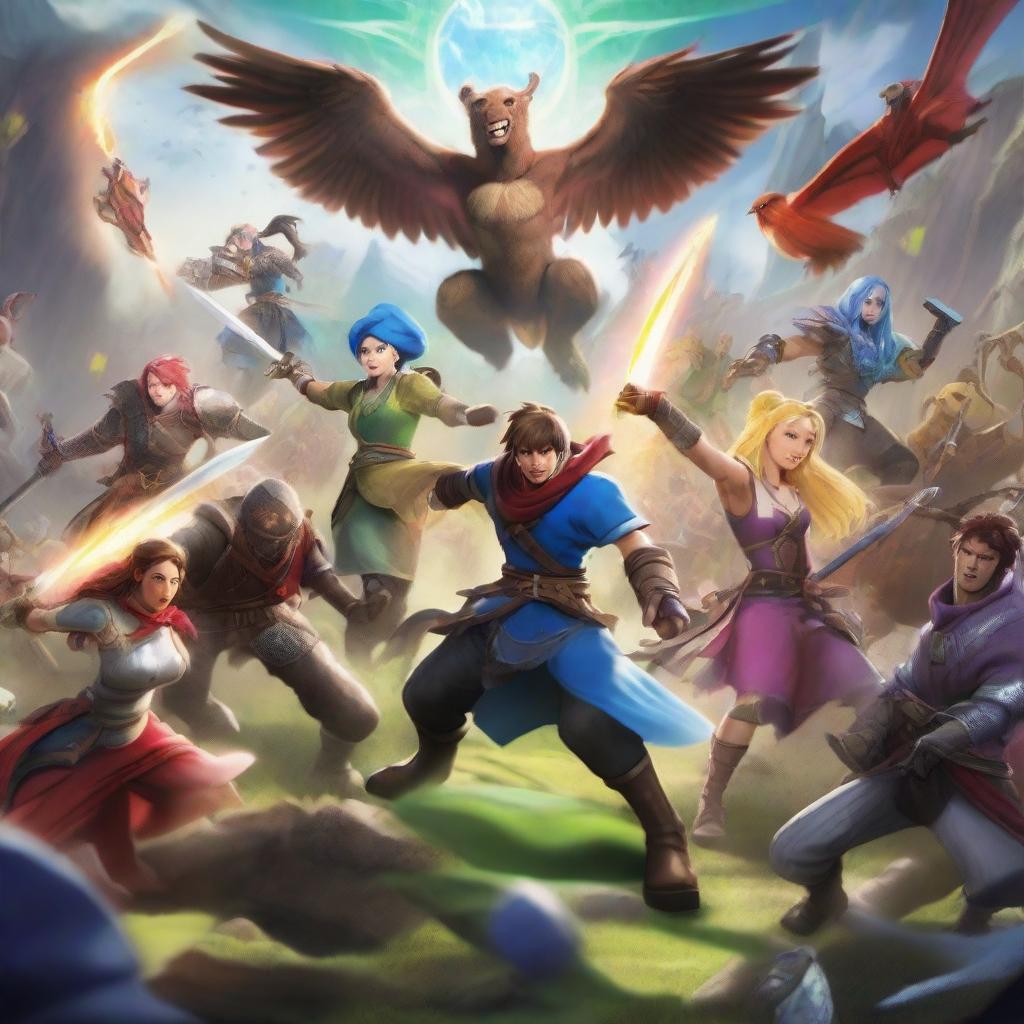 A vibrant and dynamic scene featuring characters from various popular video games, engaging in an epic battle in a fantasy world